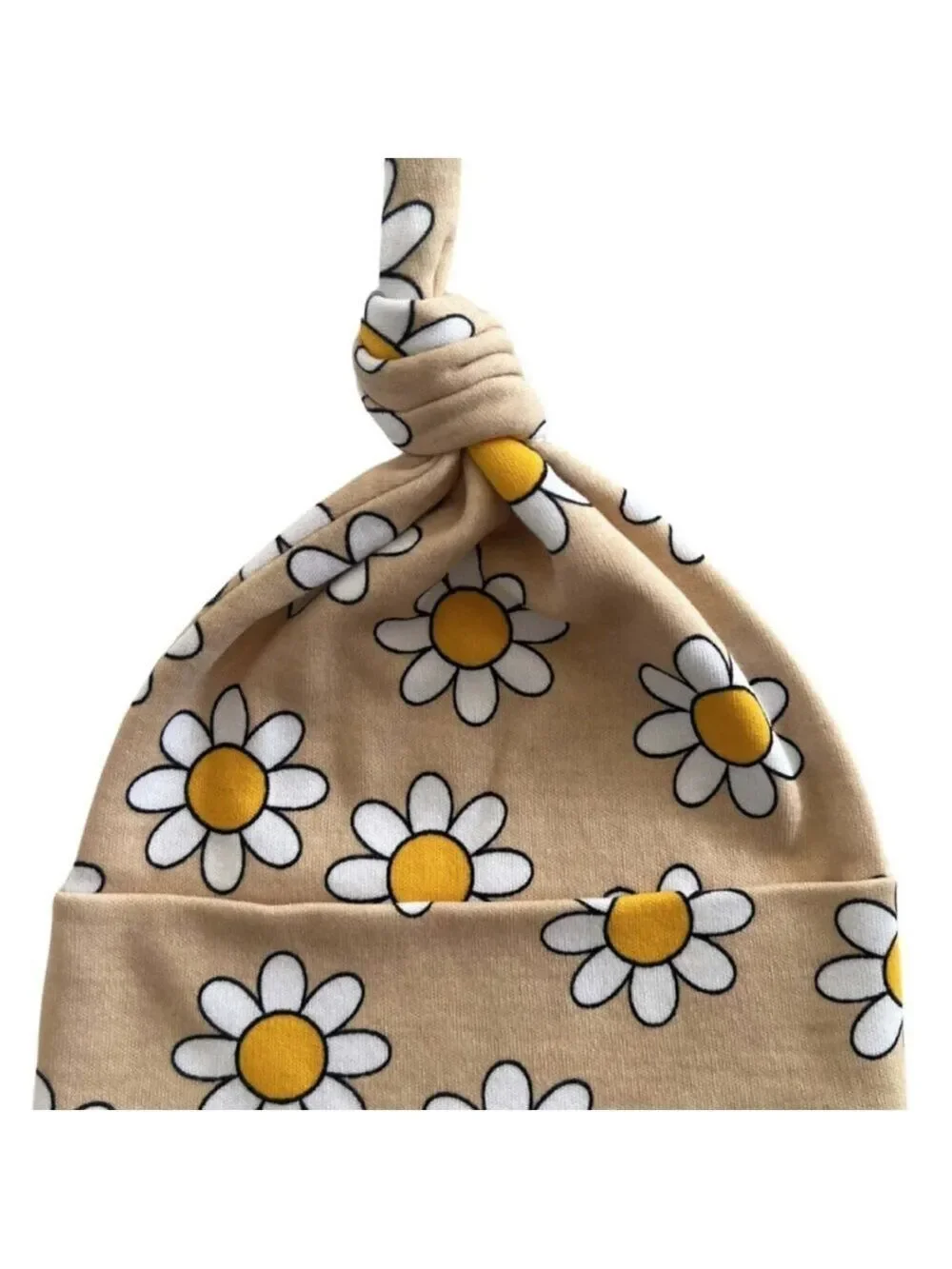 Daisy Print Knotted Baby Hat - Tan